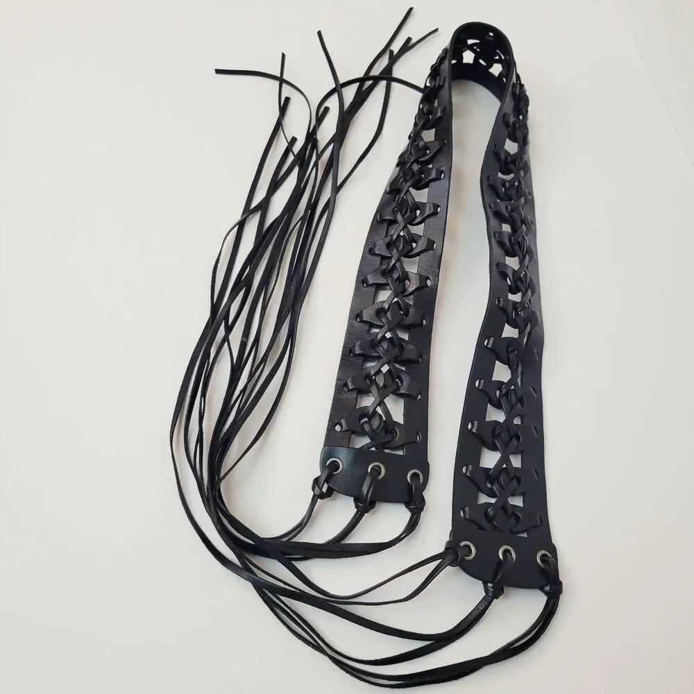 Black Leather Fringe Belt Wide Lace Up Boho Western Festival Adjustable Tie